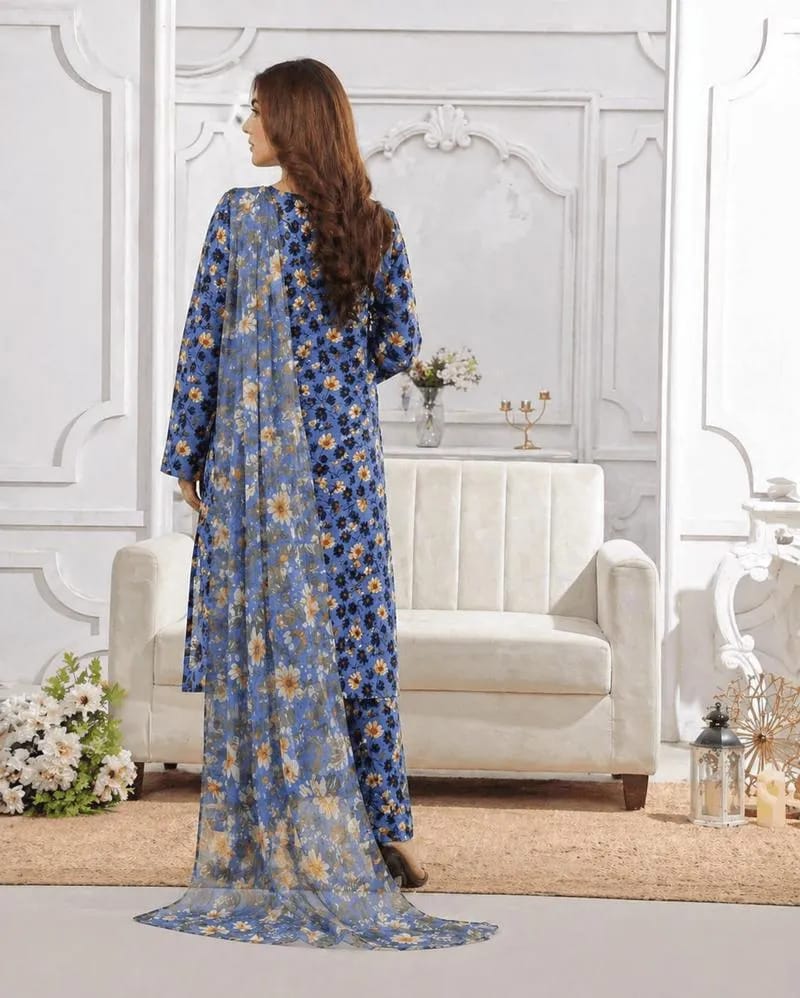 Blue Floral Lawn 3Pcs Set for Women