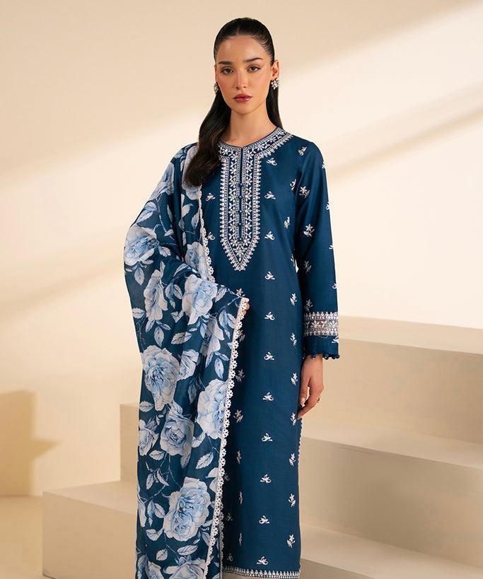 3 Pcs Embroidered Lawn Suit Blue with Digital Rose Dupatta