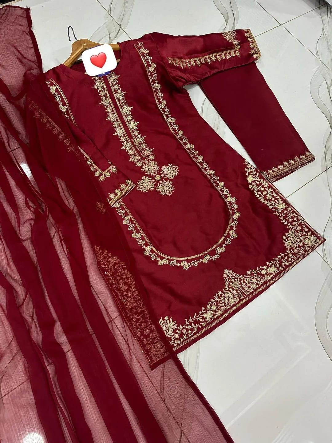 Maroon Sequin Embroidered Shamoz Silk Suit for Weddings Eid