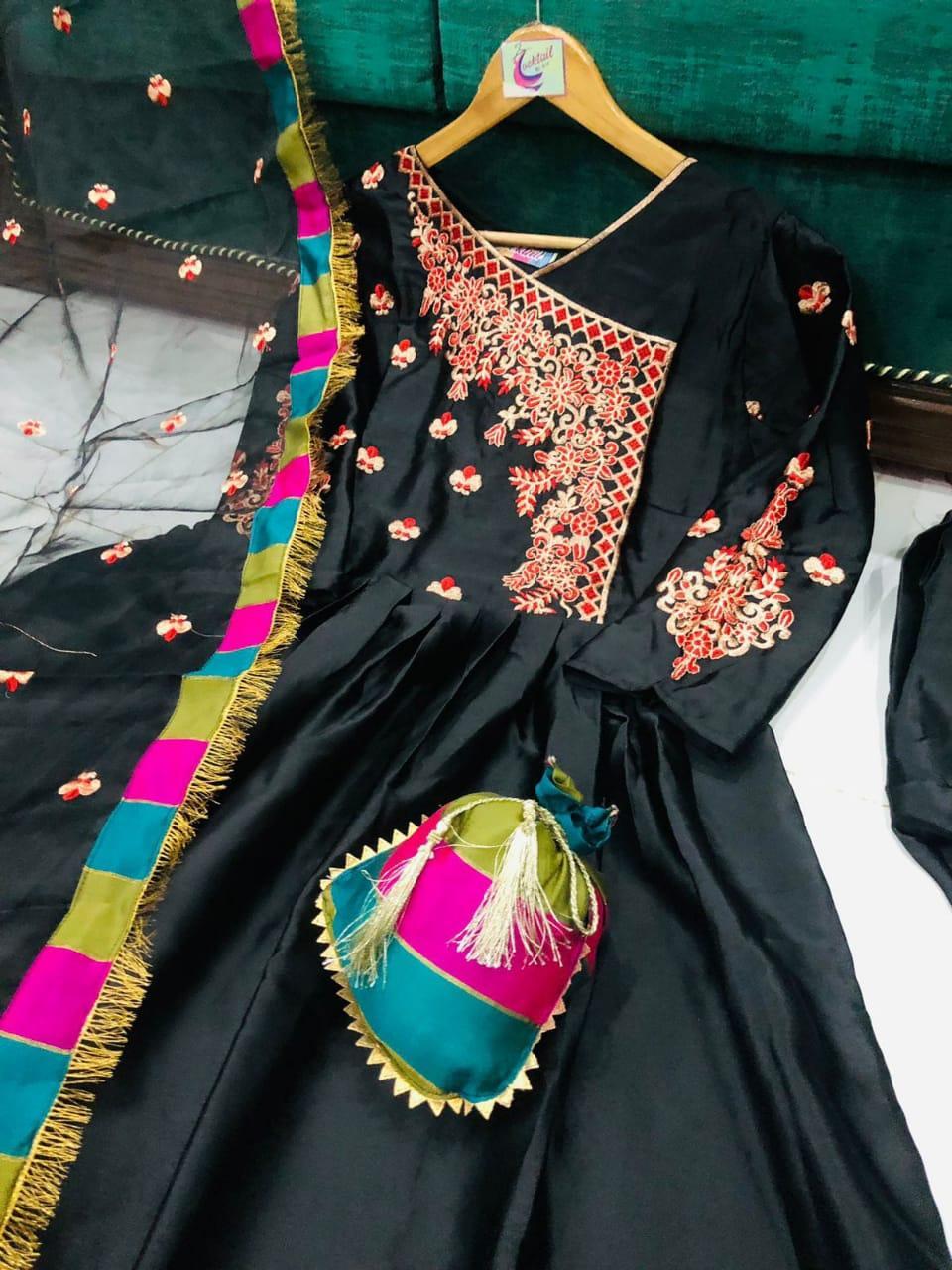 Black Embroidered shalmose Silk Maxi suit Set