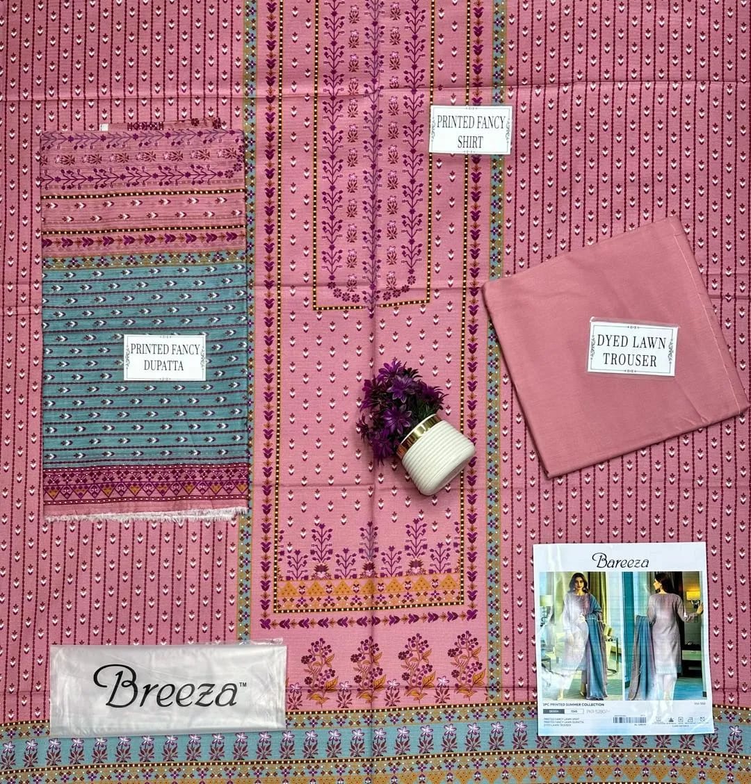 3-Piece Printed Dobby Lawn Suit Pink for Women