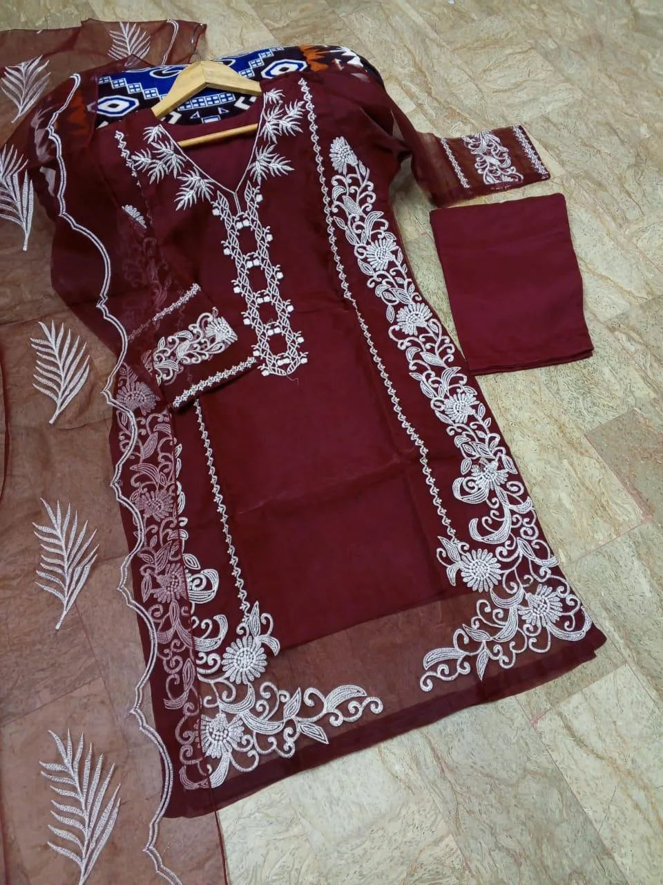Maroon Embroidered 3-Piece Suit for Women
