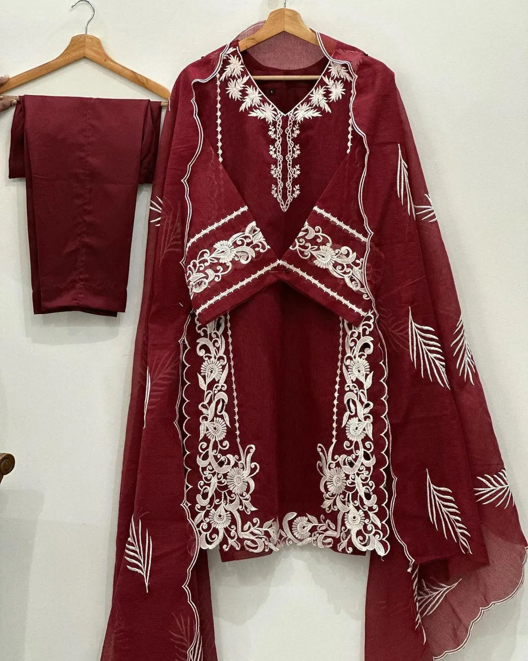 Maroon Embroidered 3-Piece Suit for Women