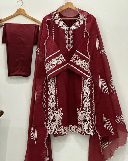 Maroon Embroidered 3-Piece Suit for Women