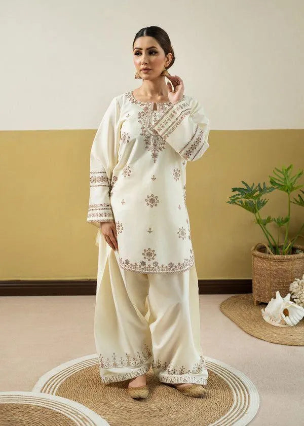Embroidered Cream Kurta Set with Wide Leg Pants