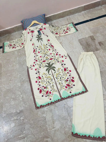 Women Swiss Lawn Printed Co-Ord Set Turquoise Beige Floral Palm Tree