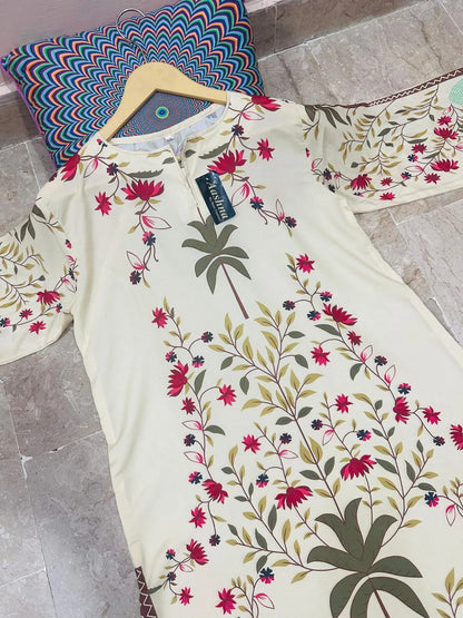 Women Swiss Lawn Printed Co-Ord Set Turquoise Beige Floral Palm Tree