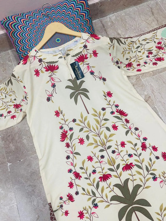 Women Swiss Lawn Printed Co-Ord Set Turquoise Beige Floral Palm Tree