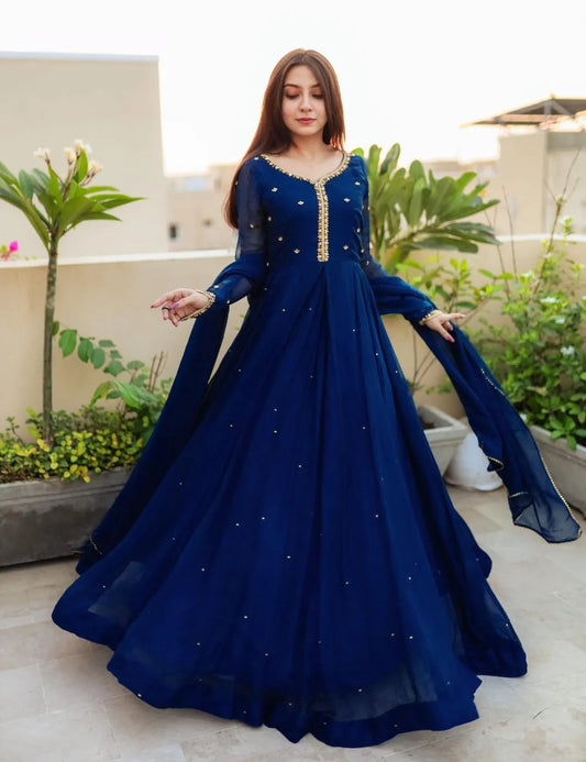 Blue Embroidered Anarkali Gown for Women