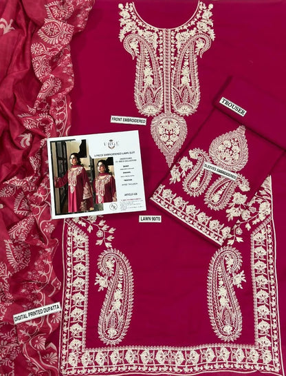 Pink Embroidered Lawn 3Pcs Set for Women