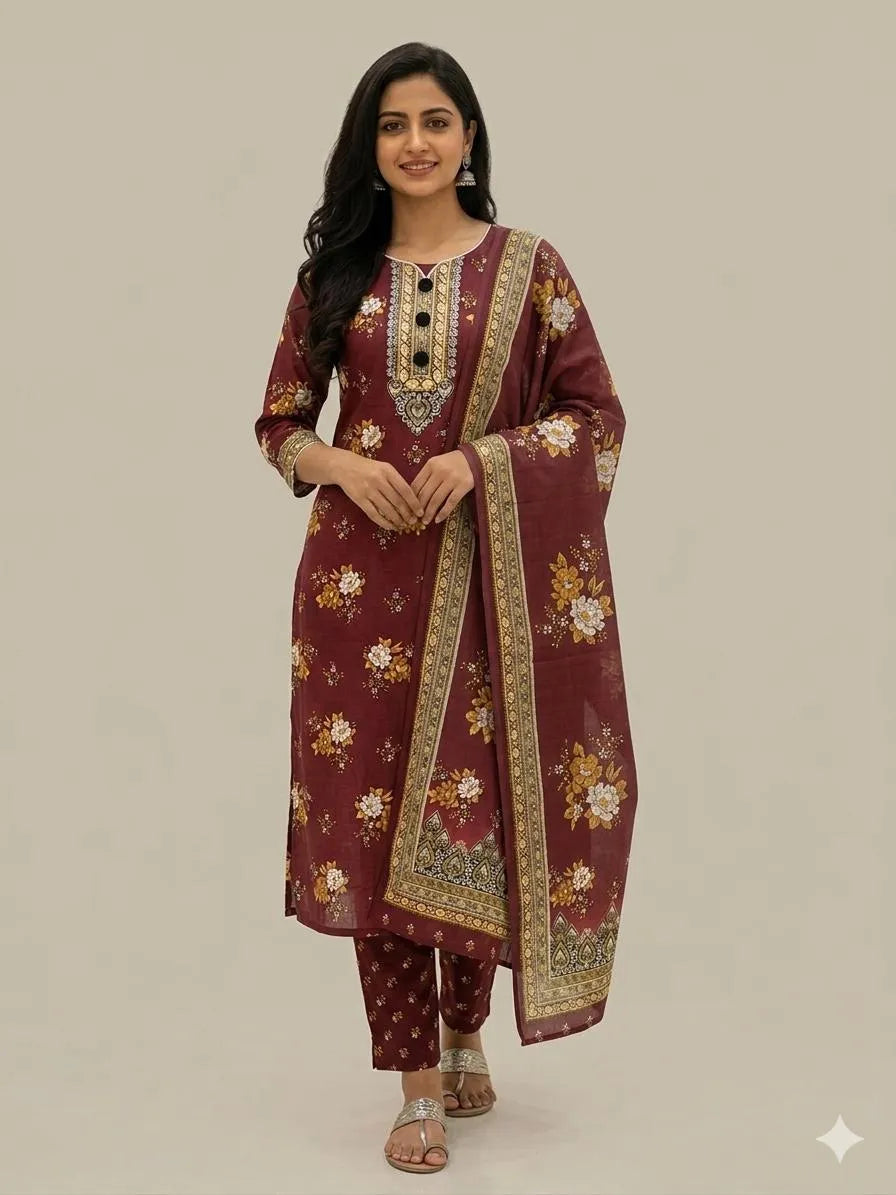 Maroon Floral Embroidered Kurta Set for Women