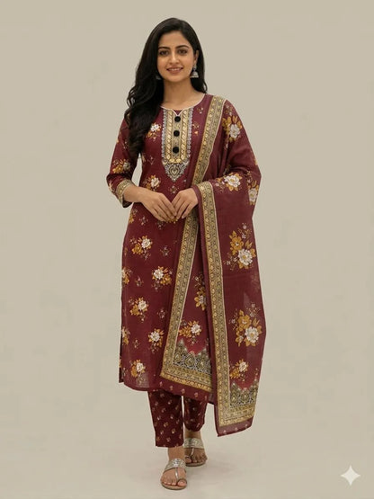 Maroon Floral Embroidered Kurta Set for Women