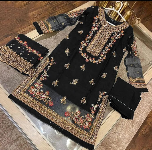 Black Embroidered 3-Piece Suit for Weddings Eid Festive
