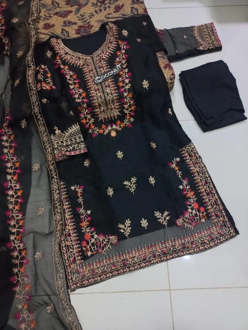 Black Embroidered 3-Piece Suit for Weddings Eid Festive