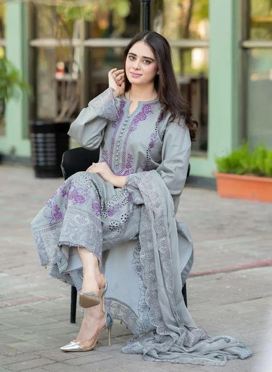 Mushq Embroidered Lawn Suit Grey with Chikenkari Dupatta