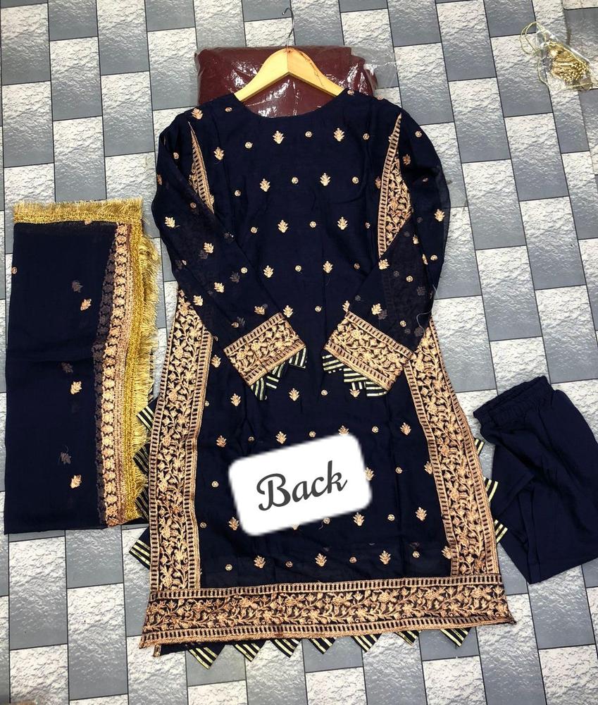 Blue Embroidered 3Pcs Crinkle Chiffon Suit