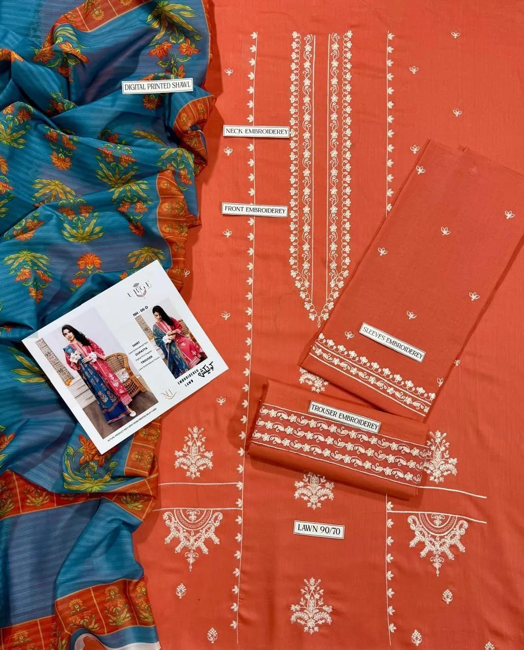 Pakistani Printed Lawn Suit Pink Blue 3 Pcs Set