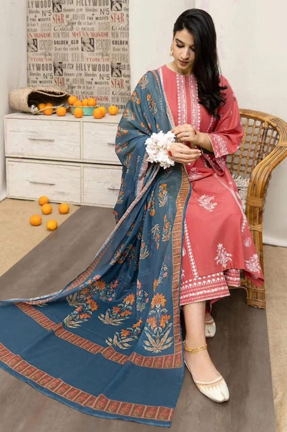 Pakistani Printed Lawn Suit Pink Blue 3 Pcs Set