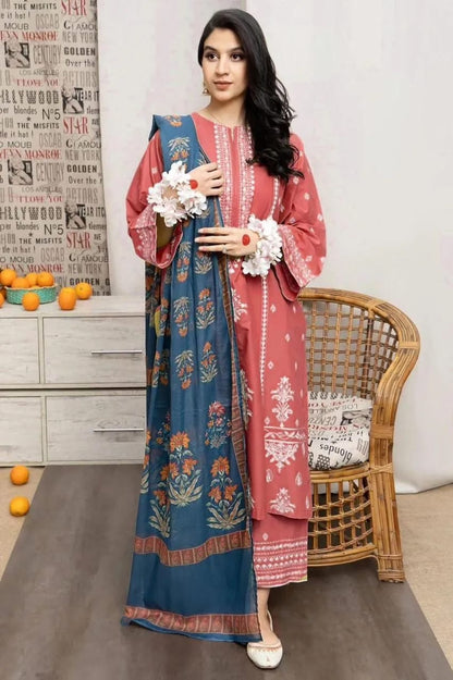 Pakistani Printed Lawn Suit Pink Blue 3 Pcs Set