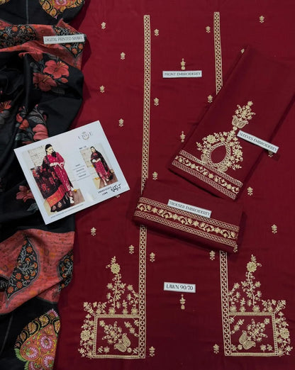 Maroon Embroidered 3-Piece Lawn Suit with Printed Dupatta