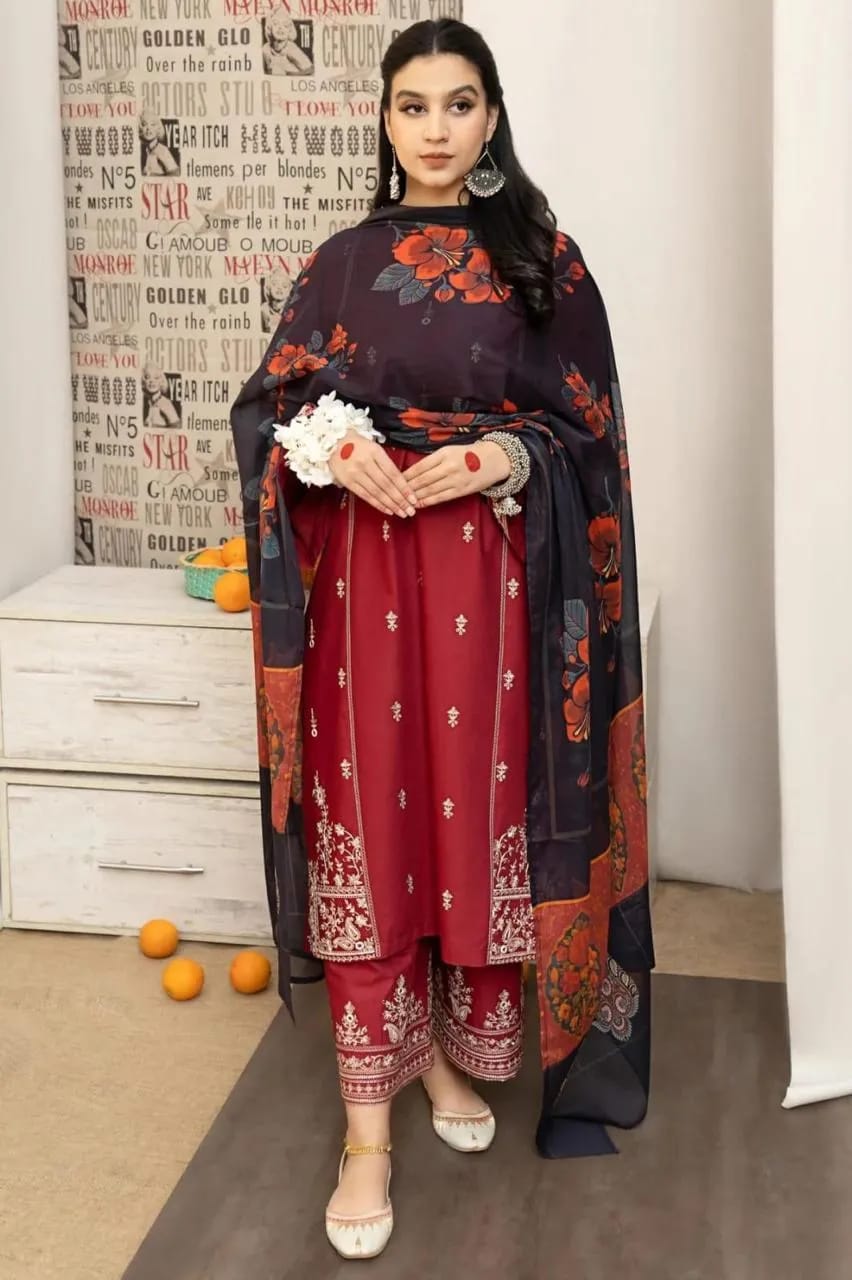 Maroon Embroidered 3-Piece Lawn Suit with Printed Dupatta