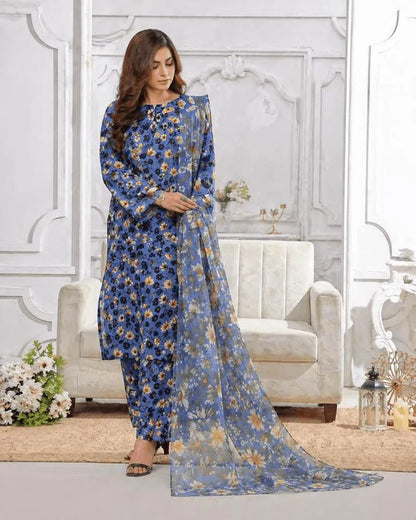 Blue Floral Lawn 3Pcs Set for Women