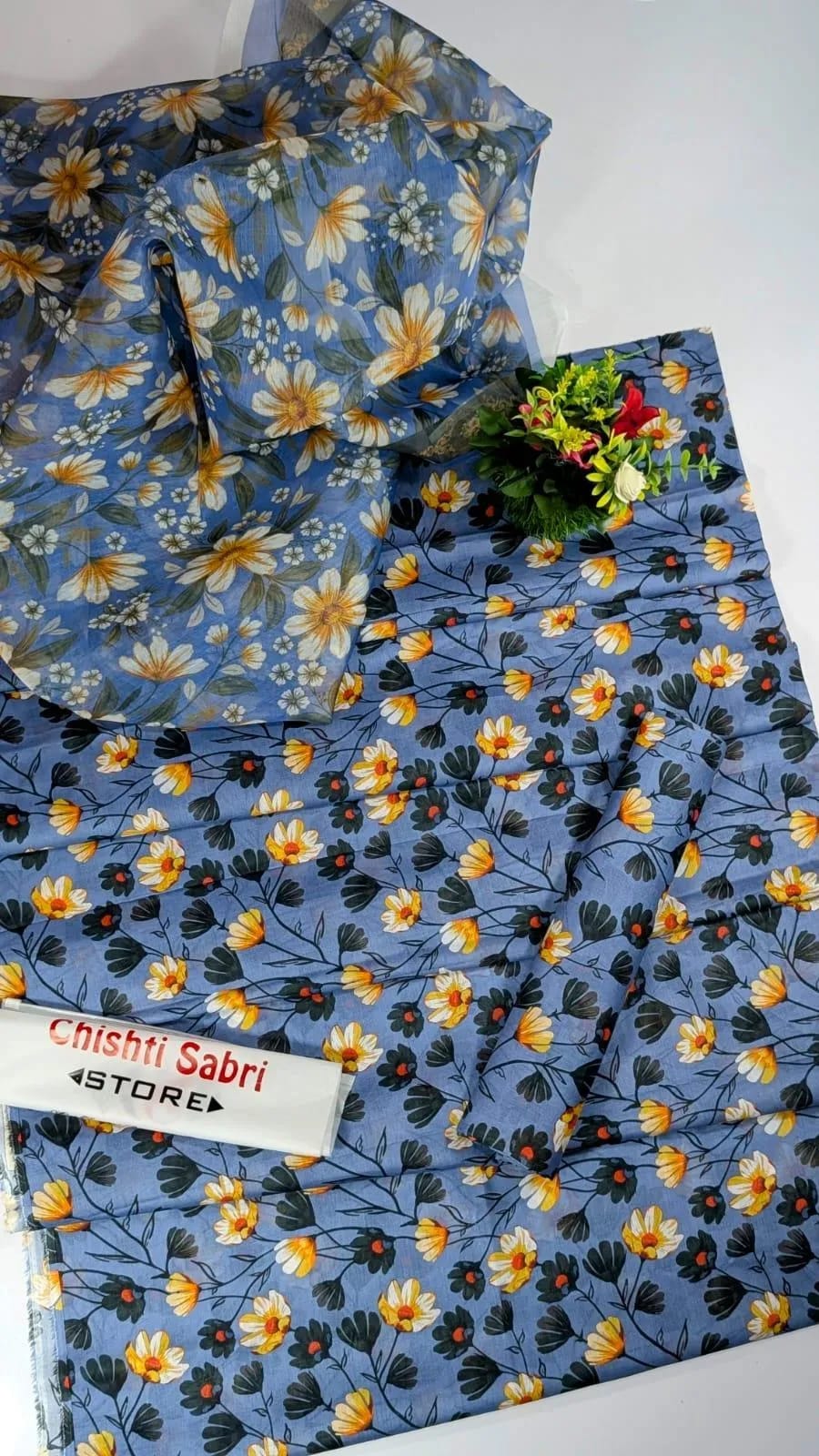 Blue Floral Lawn 3Pcs Set for Women