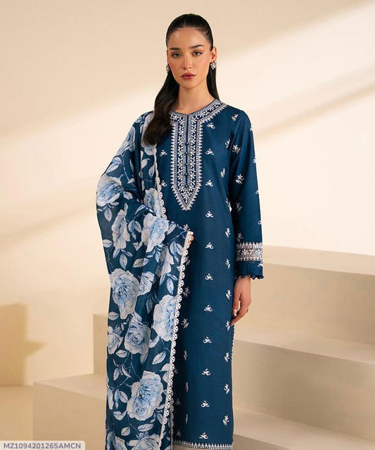 3 Pcs Embroidered Lawn Suit Blue with Digital Rose Dupatta