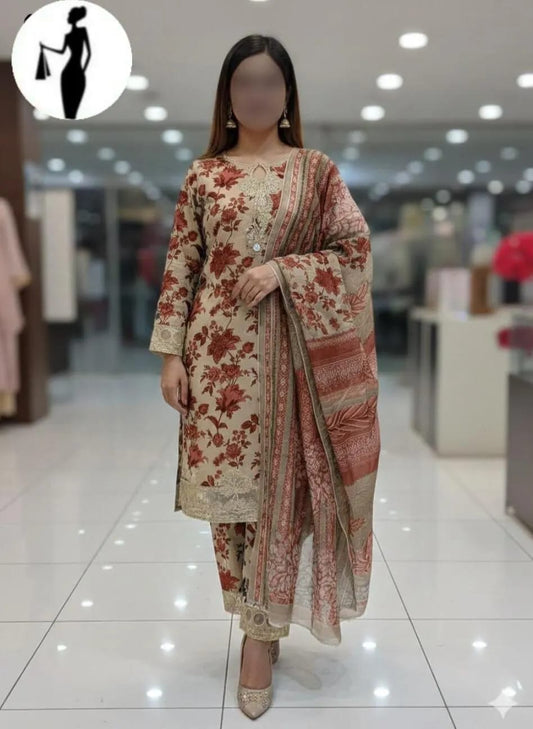 Eid 3-Pcs Printed Chiffon Suit Off-White Rust Floral