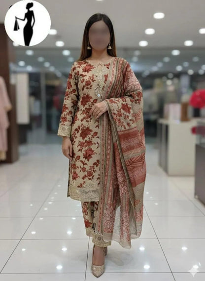 Eid 3-Pcs Printed Chiffon Suit Off-White Rust Floral