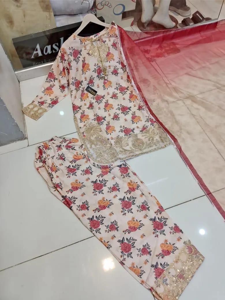 Eid 3-Pcs Printed Chiffon Suit Off-White Rust Floral