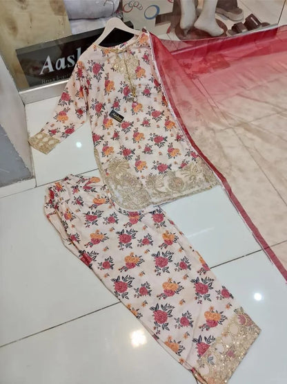 Eid 3-Pcs Printed Chiffon Suit Off-White Rust Floral