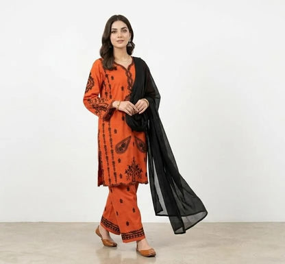 Red Embroidered 3-Piece Cotton Lawn Suit with Chiffon Dupatta