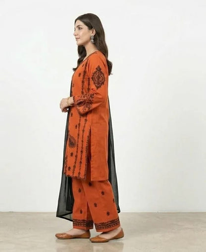 Red Embroidered 3-Piece Cotton Lawn Suit with Chiffon Dupatta