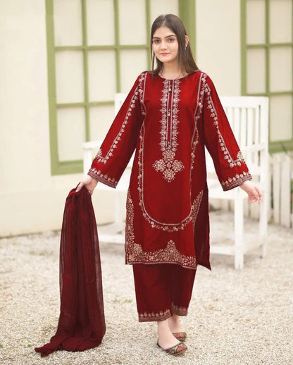 Maroon Sequin Embroidered Shamoz Silk Suit for Weddings Eid