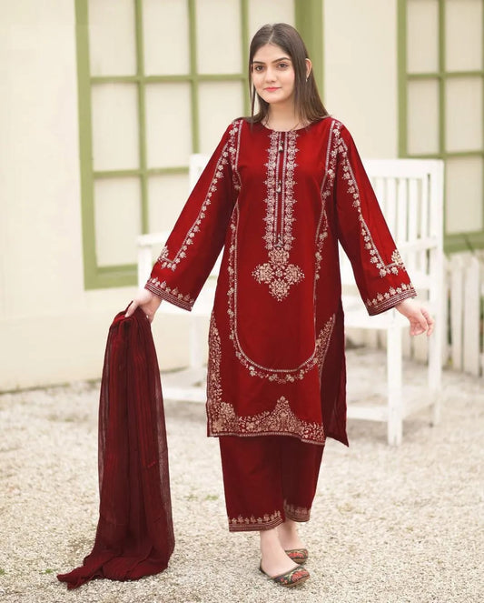 Maroon Sequin Embroidered Shamoz Silk Suit for Weddings Eid