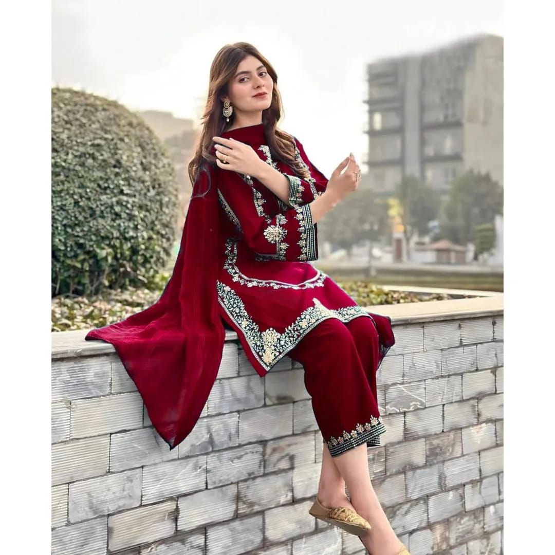 Maroon Sequin Embroidered Shamoz Silk Suit for Weddings Eid
