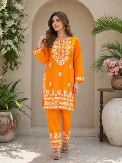 Orange Printed Cotton Lawn 2Pcs Kurta Set