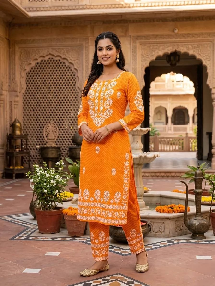Orange Printed Cotton Lawn 2Pcs Kurta Set
