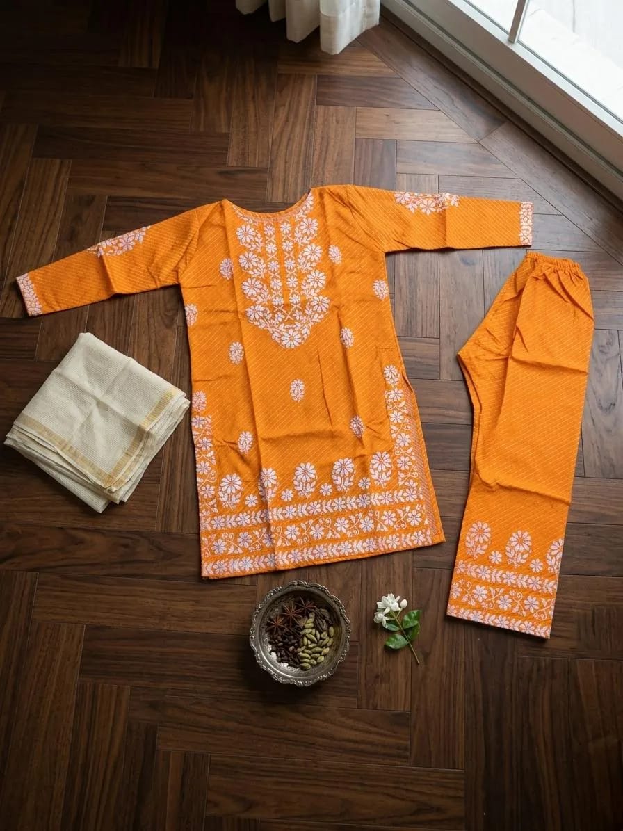 Orange Printed Cotton Lawn 2Pcs Kurta Set