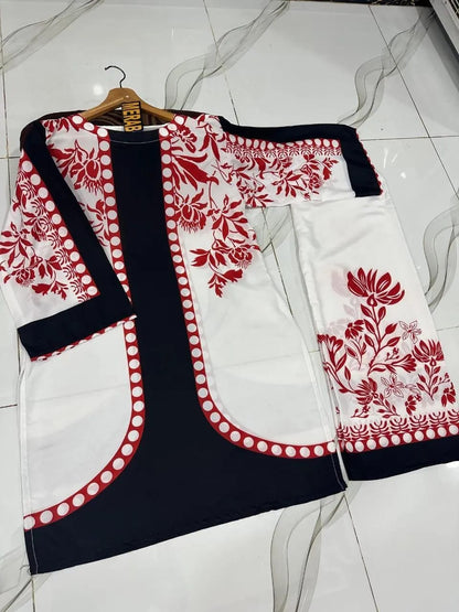 Digital Printed Cord Set 2Pcs Cream Black Kurta Set