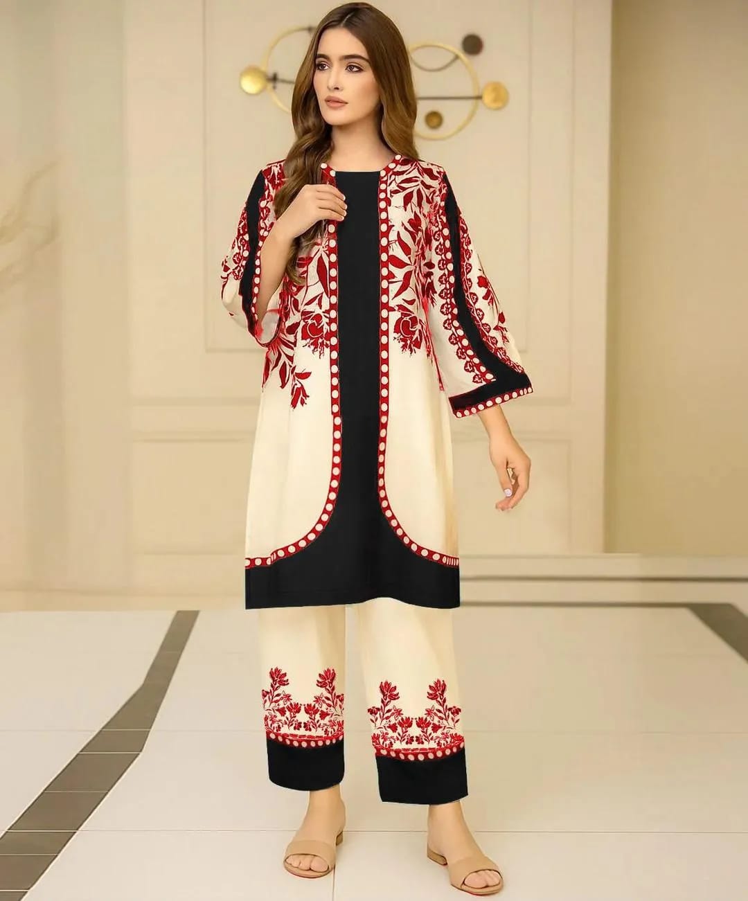 Digital Printed Cord Set 2Pcs Cream Black Kurta Set