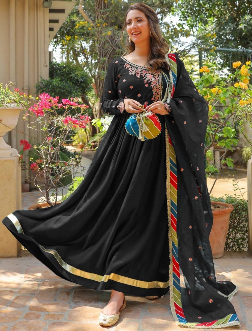 Black Embroidered shalmose Silk Maxi suit Set
