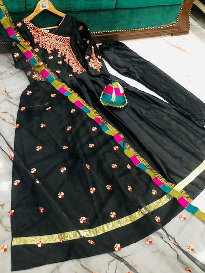 Black Embroidered shalmose Silk Maxi suit Set
