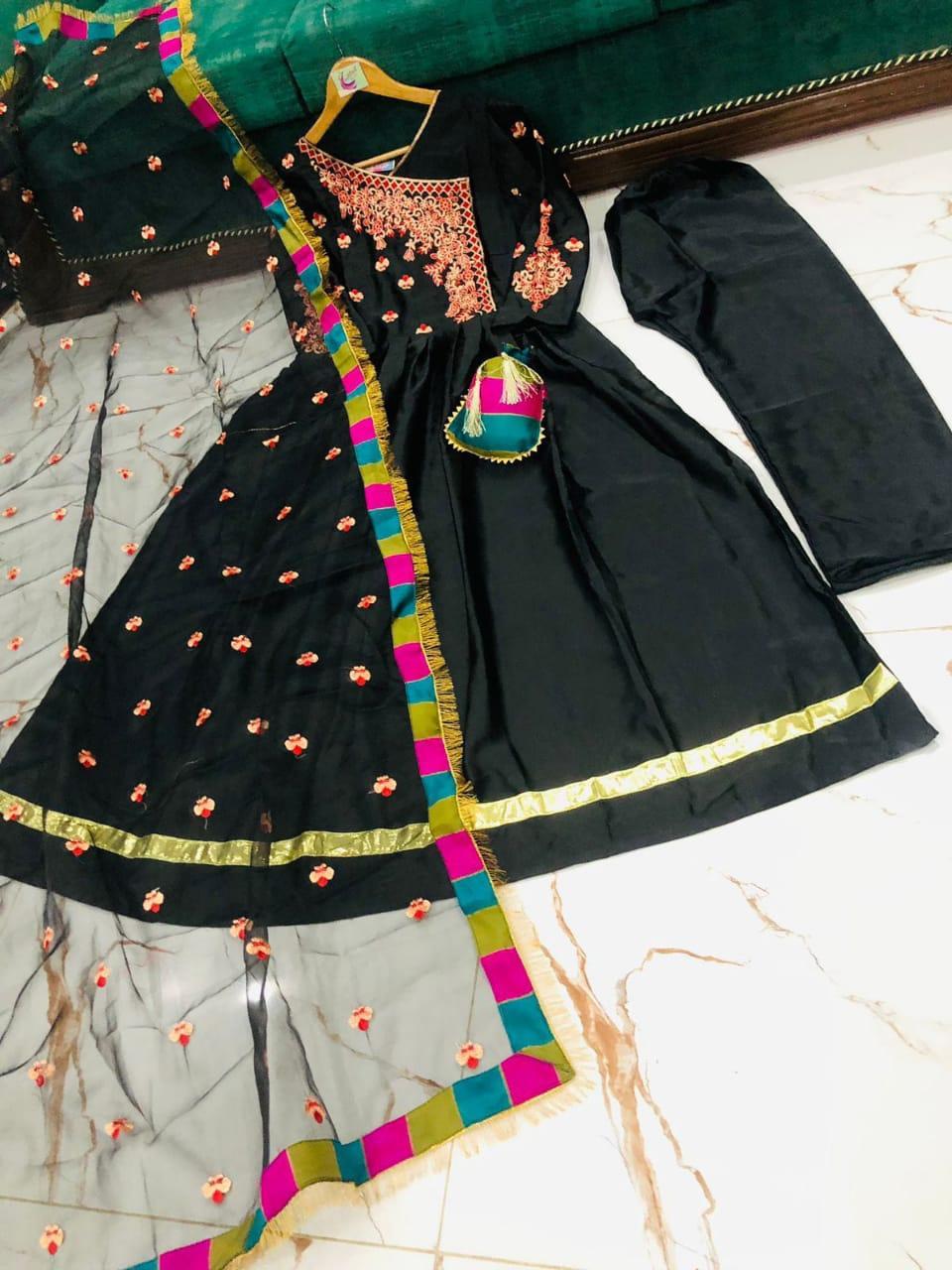 Black Embroidered shalmose Silk Maxi suit Set