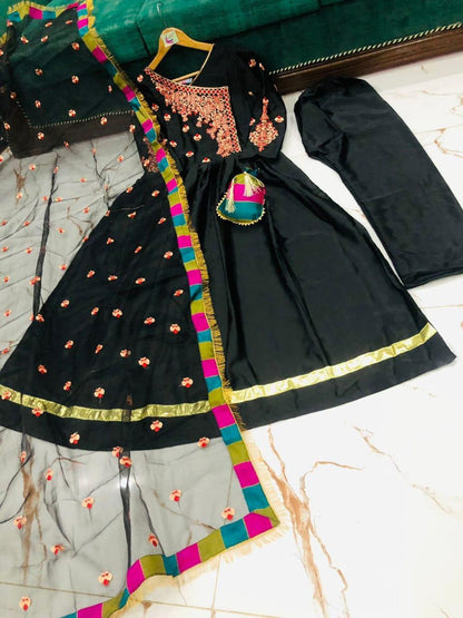 Black Embroidered shalmose Silk Maxi suit Set