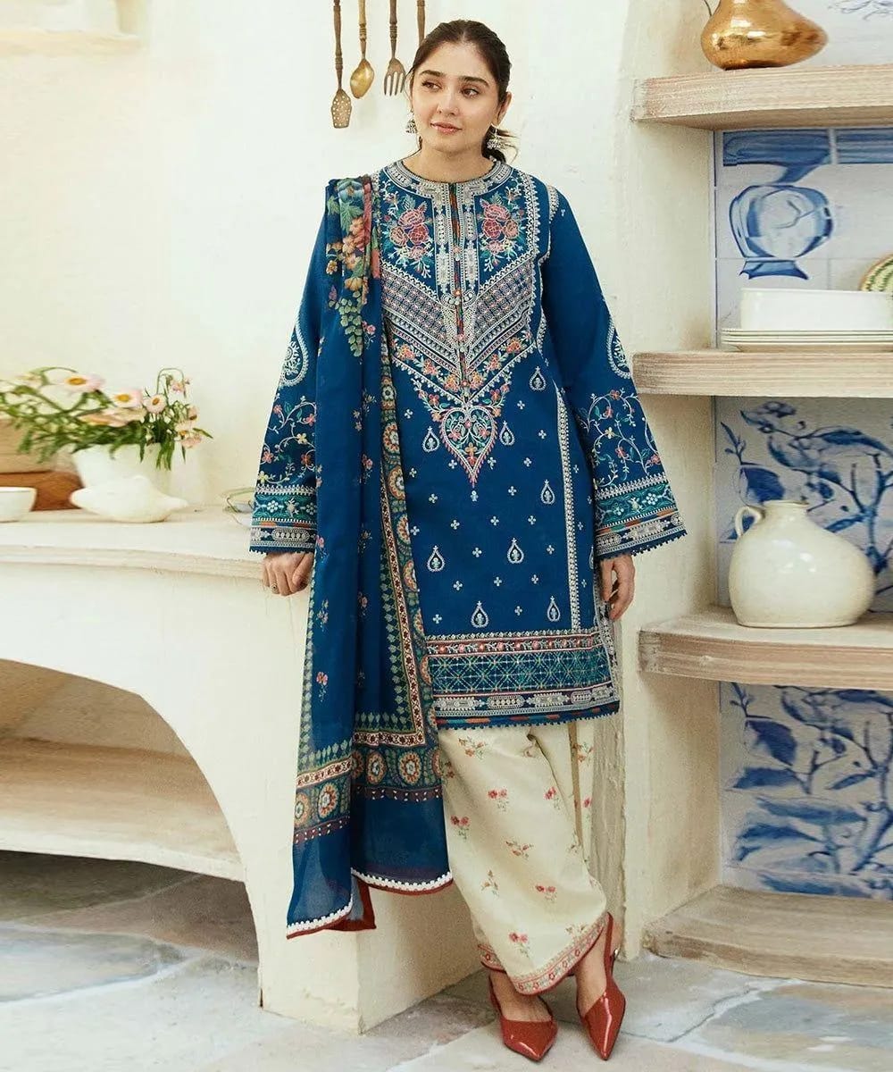 Blue Embroidered Kurta Set with Cream Trouser