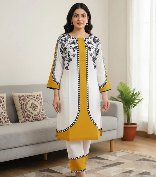 Mustard Printed Grip Silk 2 Pcs Kurta Set