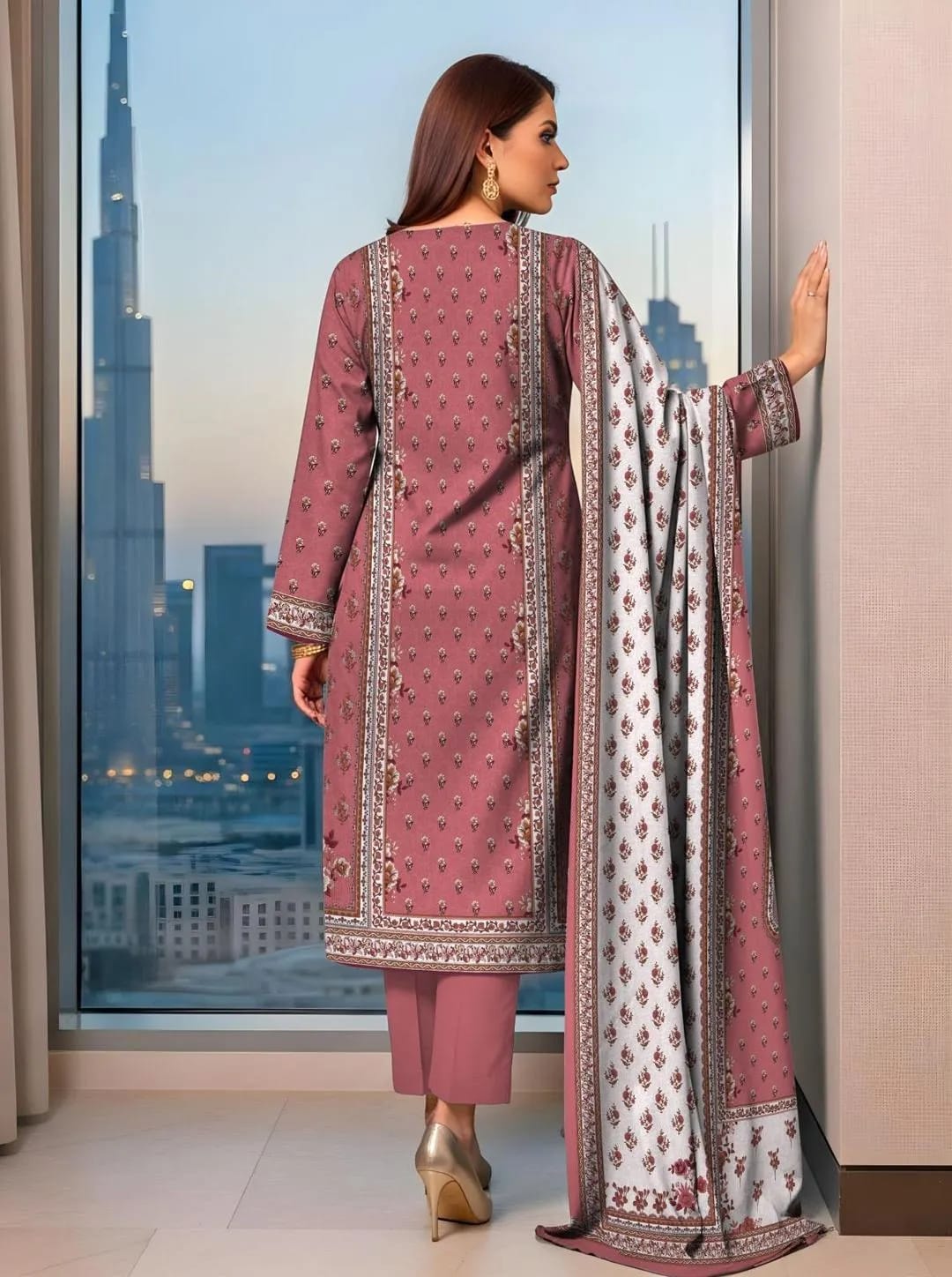 3-Piece Printed Dobby Lawn Suit Pink for Women