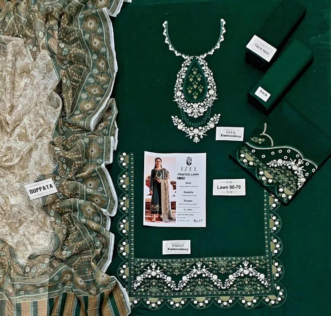 Green Embroidered Lawn 3 Pcs Set For Women